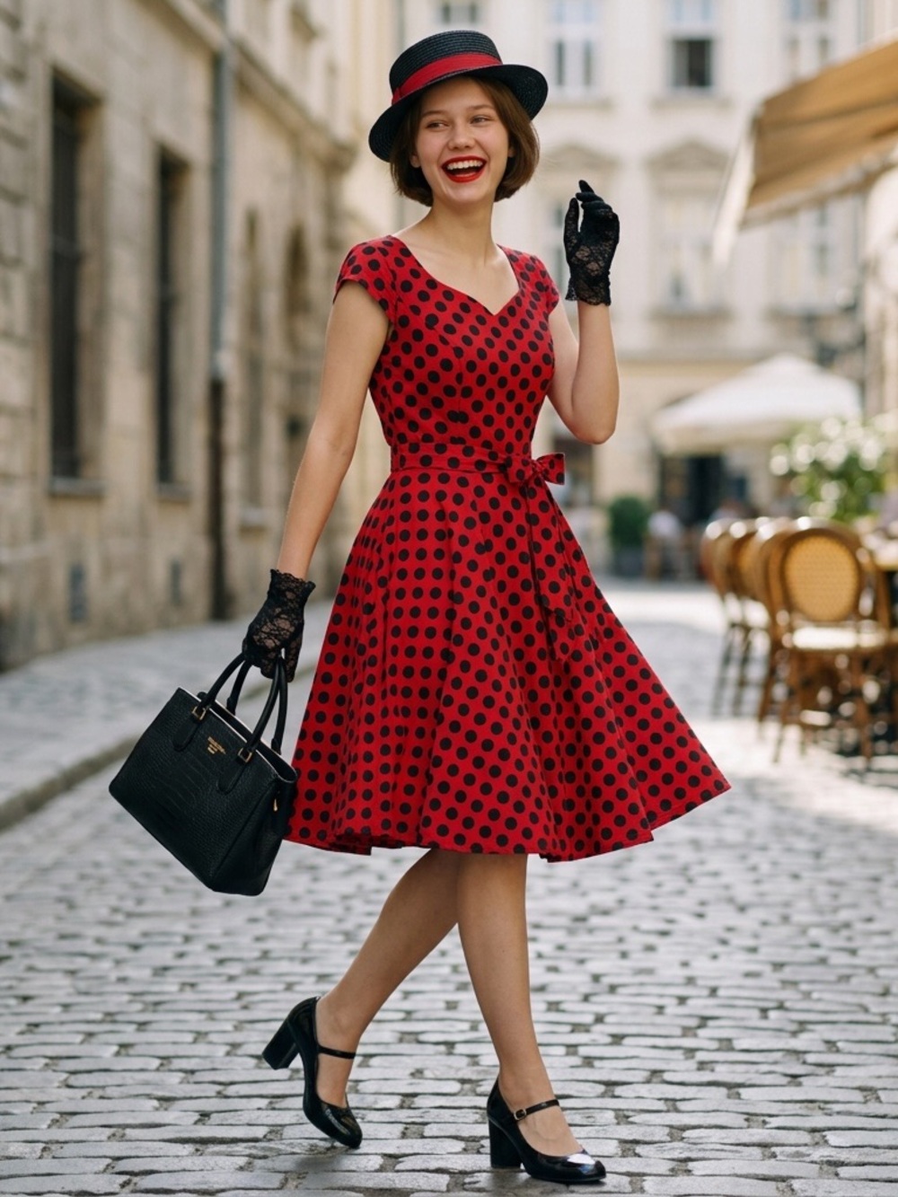 1950s Vintage Red Polka Dot Midi Dress with Self-Tie Waist - Picture 1 of 2